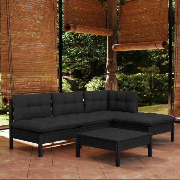Muebles de jardín 5 pzas con cojines negro madera de pino D