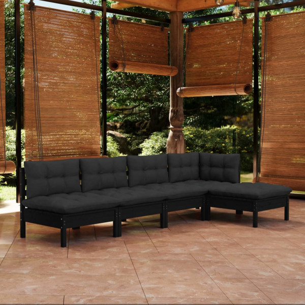 Móveis de jardim 5 peças com almofadas em madeira de pinho preto D
