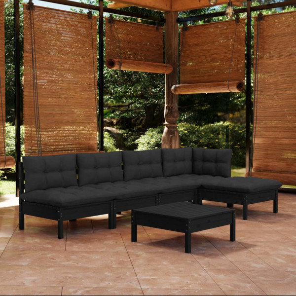Muebles de jardín 6 pzas con cojines negro madera de pino D