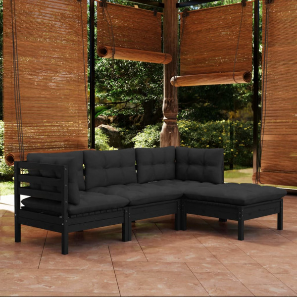 Muebles de jardín 4 pzas con cojines negro madera de pino D