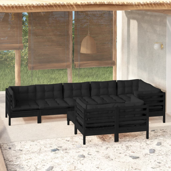 Mobiliário de jardim 9 pts com almofadas preto madeira maciça pinheiro D