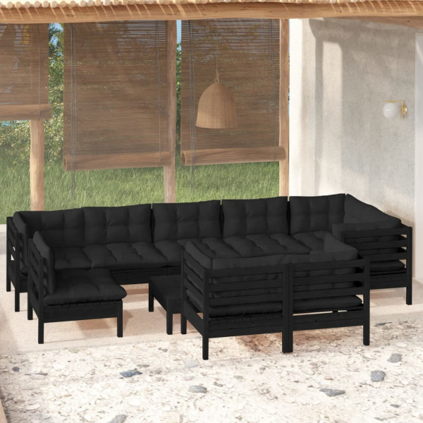 Muebles de jardín 10 pzas con cojines negro madera maciza pino D
