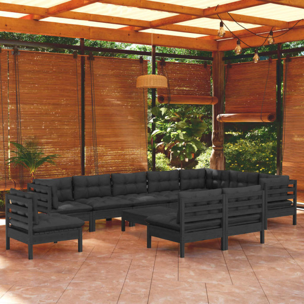 Mobiliário de jardim 11 pts com almofadas preto madeira maciça pinheiro D
