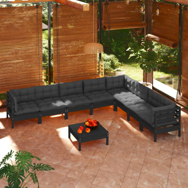 Móveis de jardim 9 peças e almofadas em madeira de pinho maciça preta D