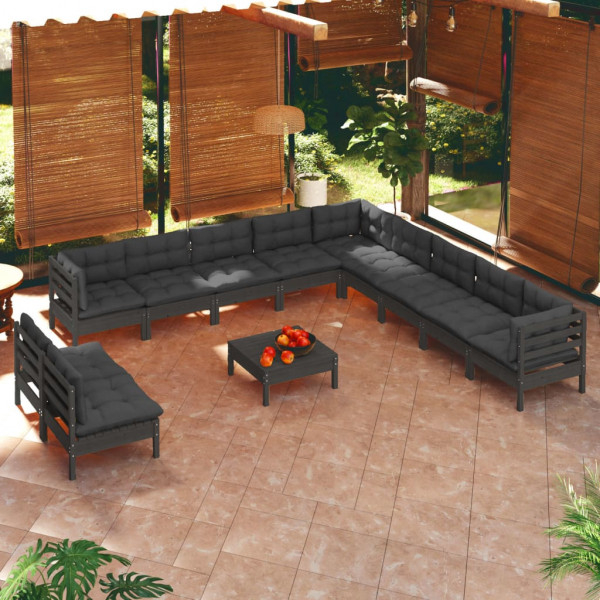 Móveis de jardim 12 peças com almofadas pretas em madeira maciça de pinho D