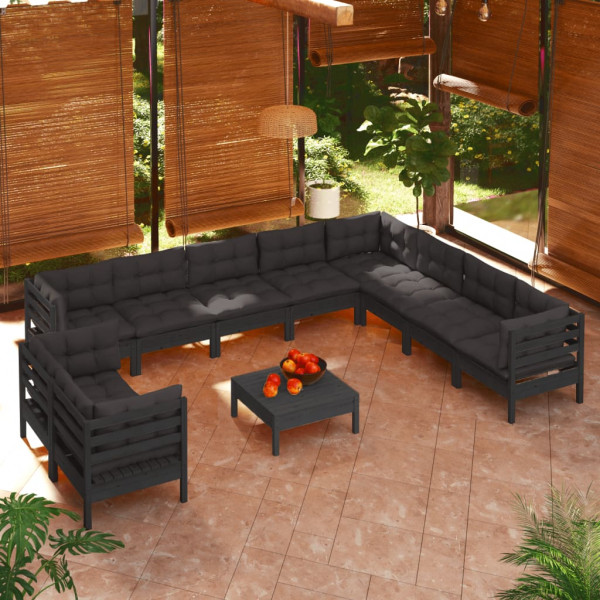 Muebles de jardín 11 pzas con cojines negro madera maciza pino D