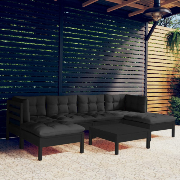 Mobiliário de jardim de 7 peças com almofadas preto madeira de pinho D