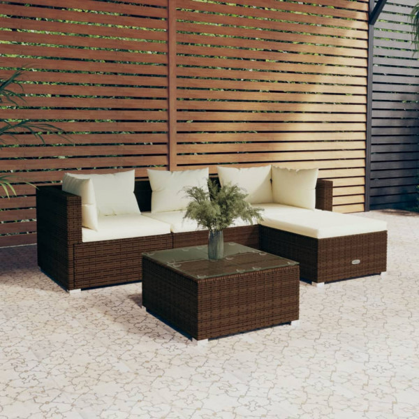 Conjunto de móveis de jardim de 5 peças e almofadas de vime sintético marrom D