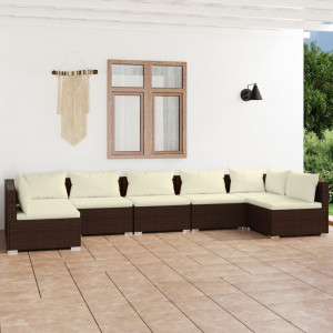 Set muebles de jardín 7 piezas y cojines ratán sintético marrón D