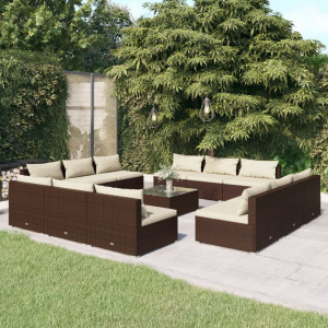 Set muebles de jardín 13 piezas cojines ratán sintético marrón D