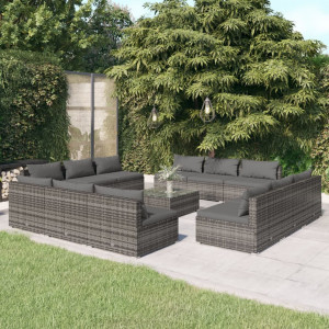 Set de muebles de jardín 13 pzas y cojines ratán sintético gris D