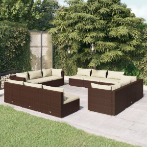 Set muebles de jardín 12 pzas y cojines ratán sintético marrón D