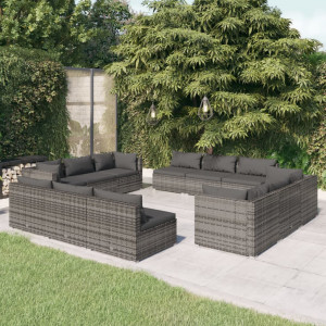 Set de muebles de jardín 12 pzas y cojines ratán sintético gris D