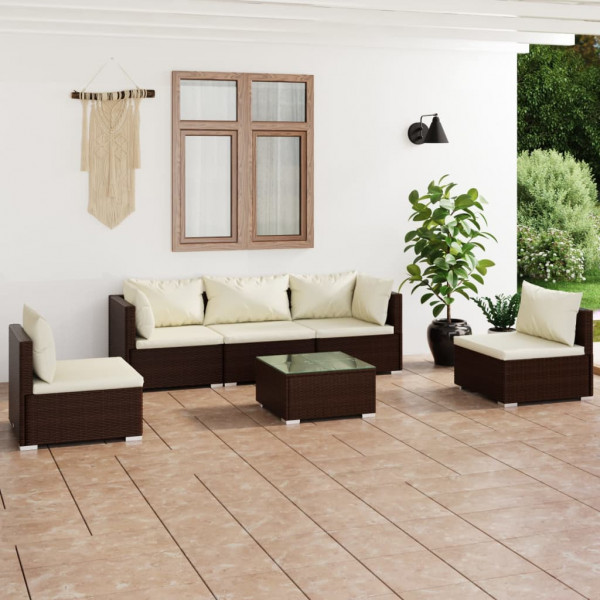 Conjunto de móveis de jardim de 6 peças e almofadas de vime sintético marrom D