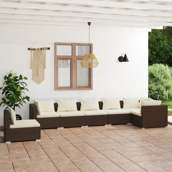 Set de mobiliário de jardim 7 peças e almofadas ratão sintético marrom D