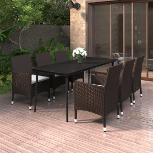 Set comedor de jardín 7 pzas y cojines ratán sintético y vidrio D