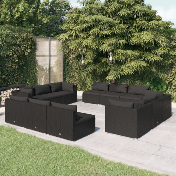 Conjunto de sofá de jardim 12 peças com almofadas de vime sintético preto D