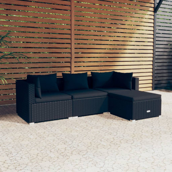 Conjunto de móveis de jardim de 4 peças e almofadas de vime sintético preto D