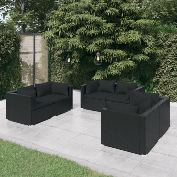 Conjunto de mobília de jardim 6 peças e almofadas ratão sintético preto D