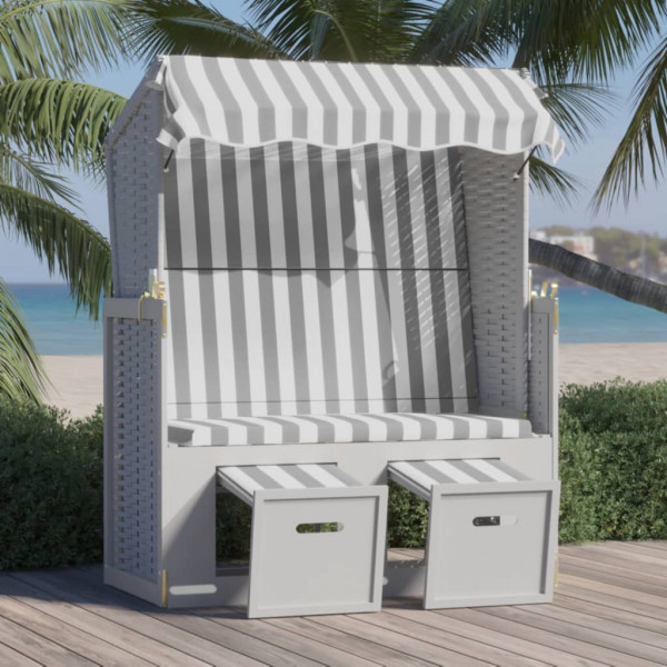 Cadeira de praia Strandkorb dossel madeira de vime sintético cinza branco D
