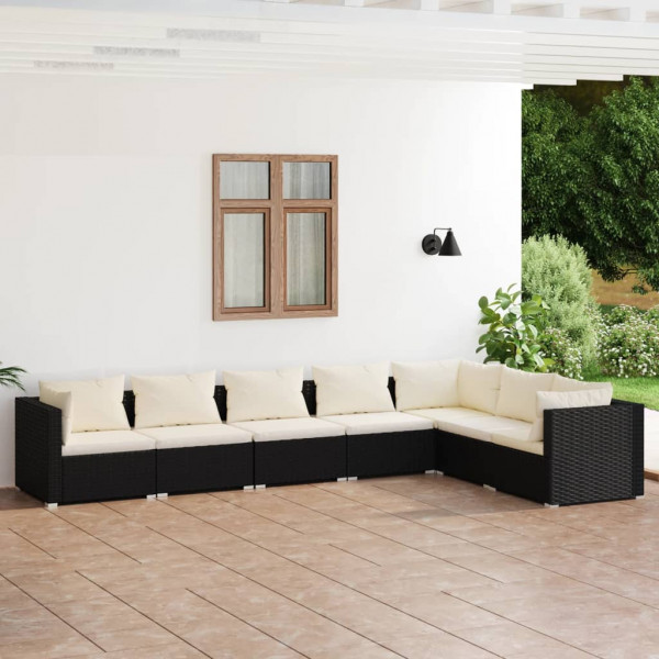 Conjunto de móveis de jardim de 7 peças e almofadas de vime sintético preto D