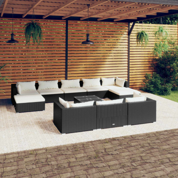 Conjunto de móveis de jardim com 11 peças de almofadas de vime sintético preto D