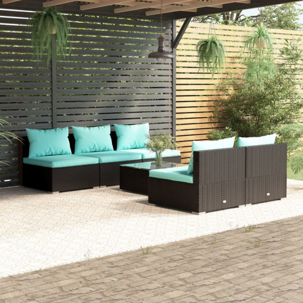 Conjunto de sofá de jardim de 6 peças e almofadas de vime sintético preto D