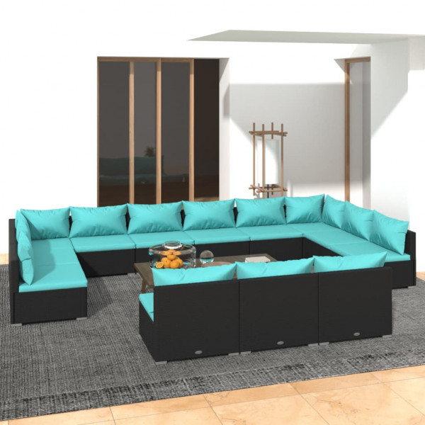 Set de muebles de jardín 13 pzas cojines ratán sintético negro D