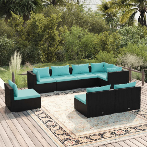 Conjunto de sofá de jardim de 8 peças e almofadas de vime sintético preto D