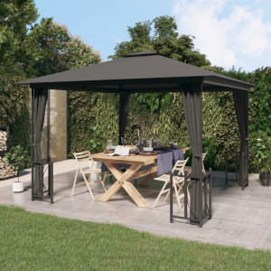 Gazebo com paredes laterais e telhado duplo antracite 3x3 m D