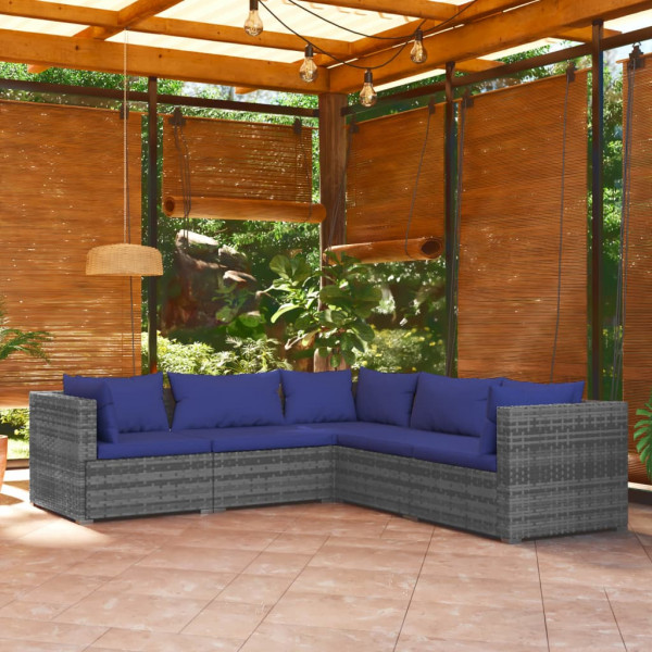 Set de muebles de jardín 5 pzas y cojines ratán sintético gris Set de muebles de jardín 5 pzas y cojines ratán sintético gris D