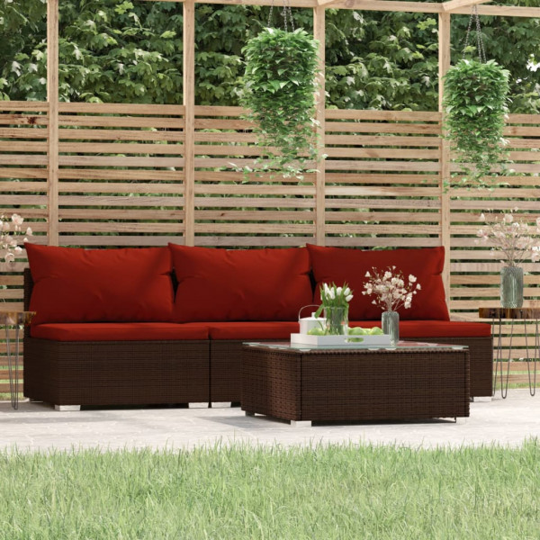 Conjunto de móveis de jardim de 4 peças e almofadas de vime sintético marrom D