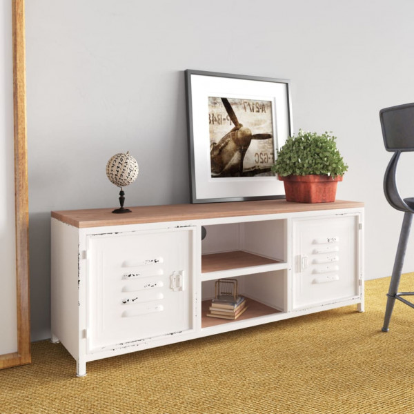 Mueble de TV hierro y madera maciza de abeto blanco 110x30x40cm D
