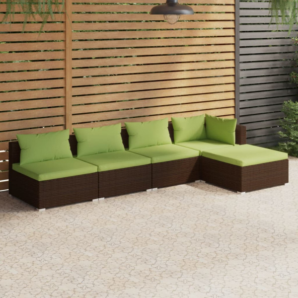 Conjunto de sofá de jardim de 5 peças e almofadas de vime sintético castanho D