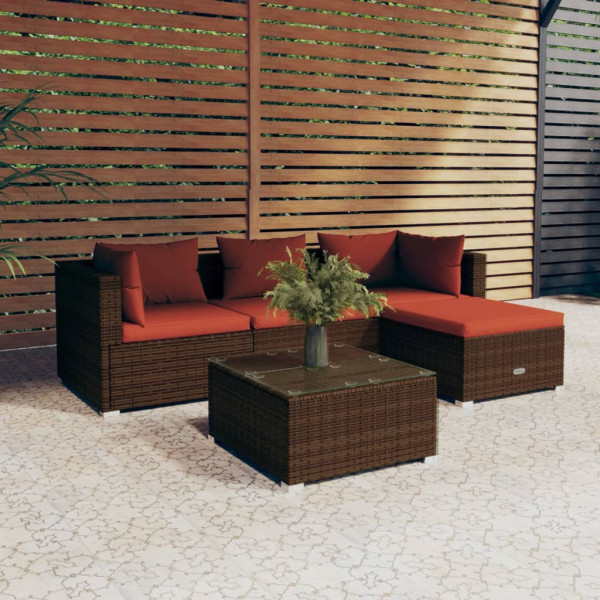 Set muebles de jardín 5 piezas y cojines ratán sintético marrón D