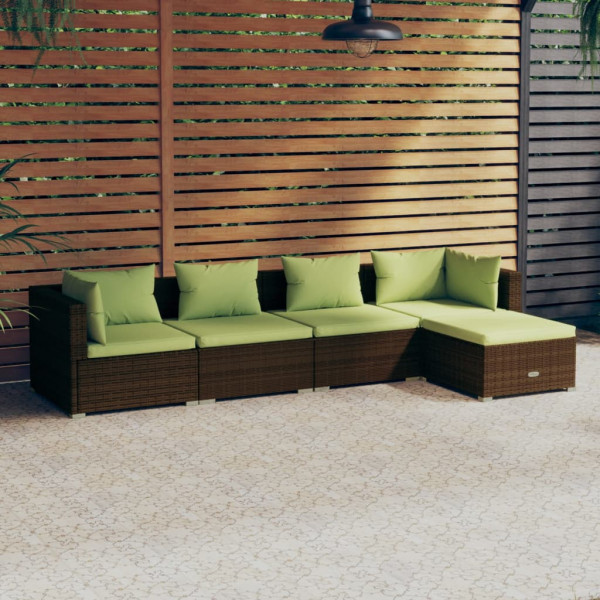 Conjunto de sofá de jardim de 5 peças e almofadas de vime sintético castanho D