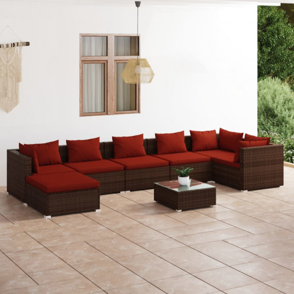 Conjunto de sofá de jardim de 8 peças e almofadas de vime sintético marrom D