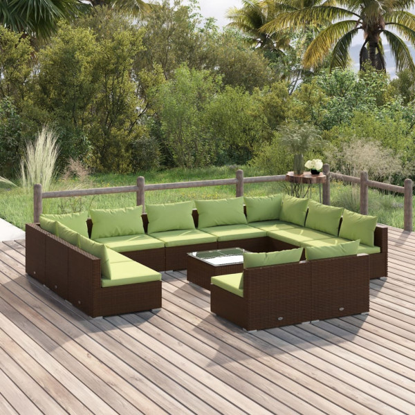 Set muebles de jardín 12 piezas cojines ratán sintético marrón Set muebles de jardín 12 piezas cojines ratán sintético marrón D