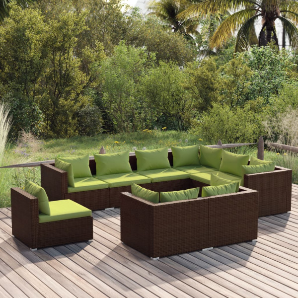 Set mobiliário de jardim 9 peças e almofadas ratão sintético marrom D
