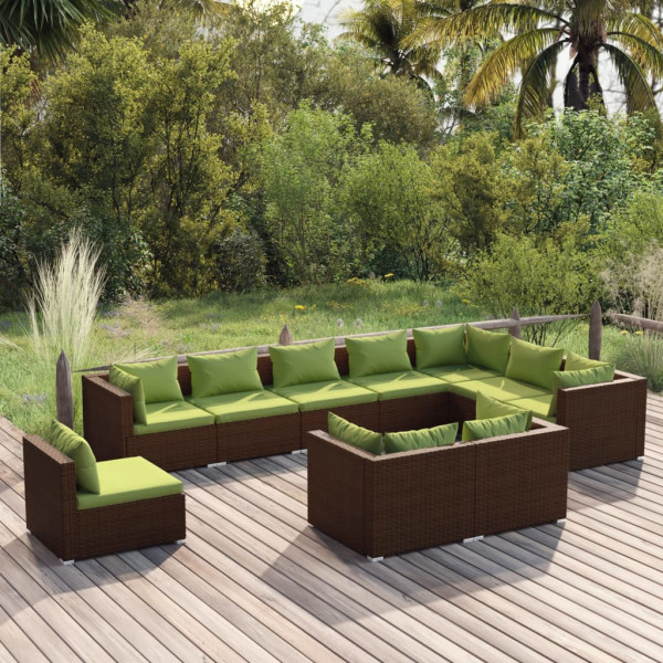 Conjunto de móveis de jardim com 10 peças e almofadas de vime sintético marrom D