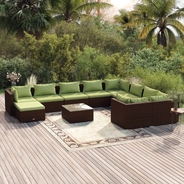 Conjunto de móveis de jardim com 11 peças e almofadas de vime sintético marrom D