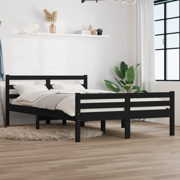 Estructura de cama doble pequeña madera maciza negra 120x190 cm D