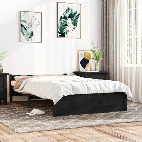Estructura de cama madera maciza doble pequeña negra 120x190 cm D