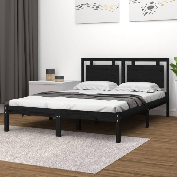 Estructura de cama madera maciza doble pequeña negra 120x190 cm D