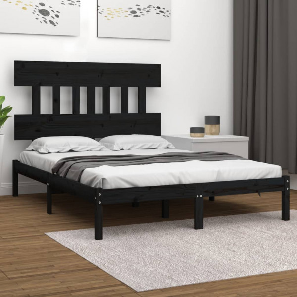 Estructura de cama doble pequeña madera maciza negro 120x190 cm D