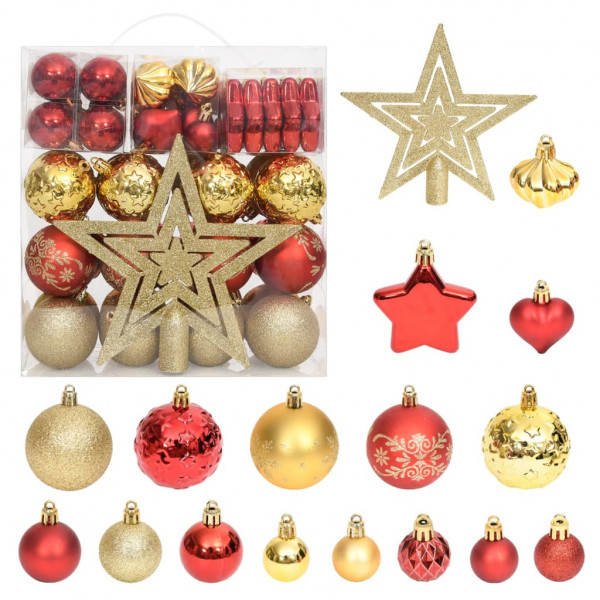 Conjunto de enfeites de Natal dourado e vermelho de 70 peças D