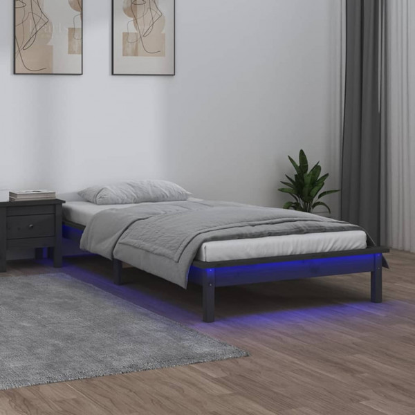 Estrutura de cama com LED madeira maciça cinza 75x190 cm D