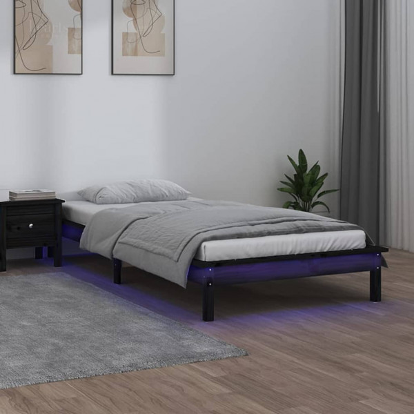Estrutura de cama com LED madeira maciça preta 75x190 cm D