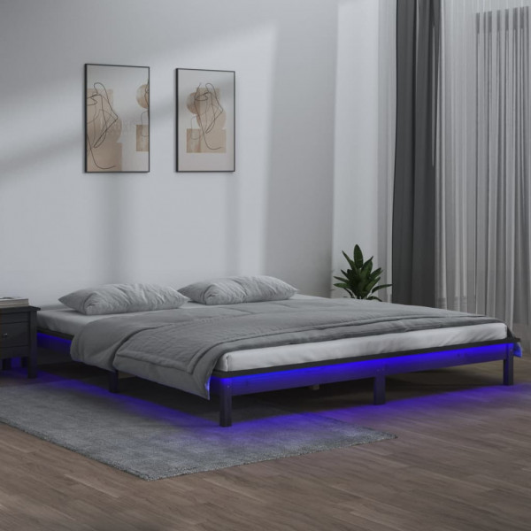 Estructura de cama con LED madera maciza gris 135x190 cm D