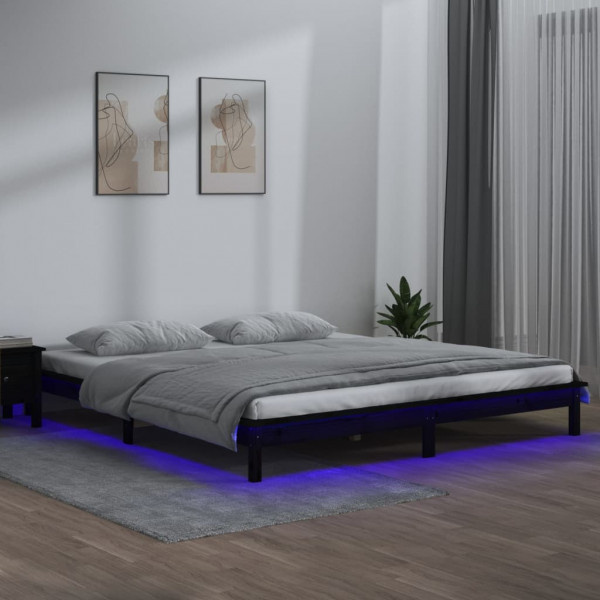 Estructura de cama con LED madera maciza negro 135x190 cm D